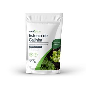 MAXGREEN ESTERCO GALINHA 500g SP00320-2.000106 N 2% P2O5 2% K2O 2% COT 16% CTC 80mmolc/kg UMIDADE MAX 20% PELETE